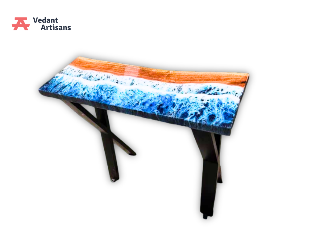 Epoxy Table Top For Sale with Iron Stand | Ocean Waves Inspired 